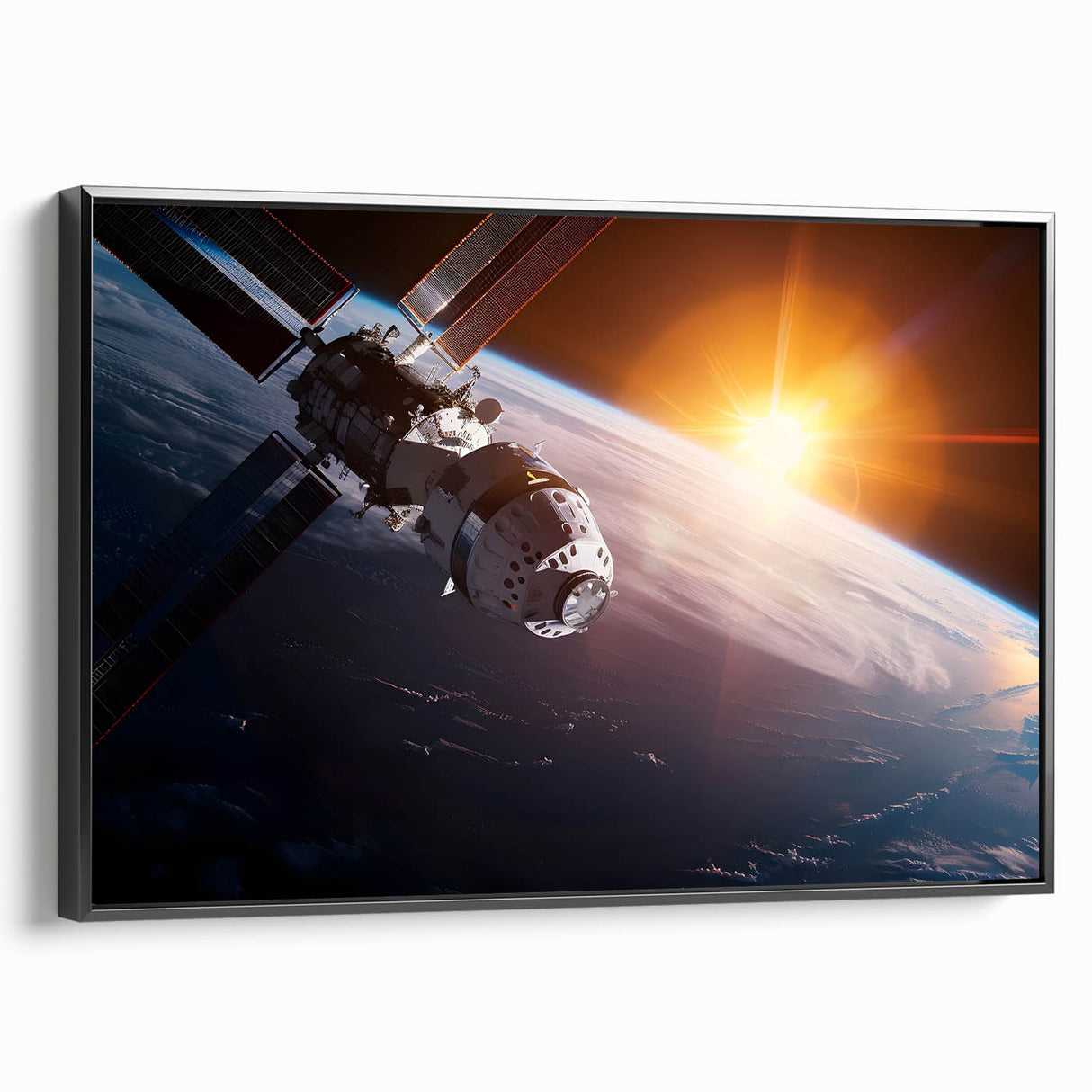 Satellite Over Earth with Sunrise - Stunning Cosmic Wall Art Decor