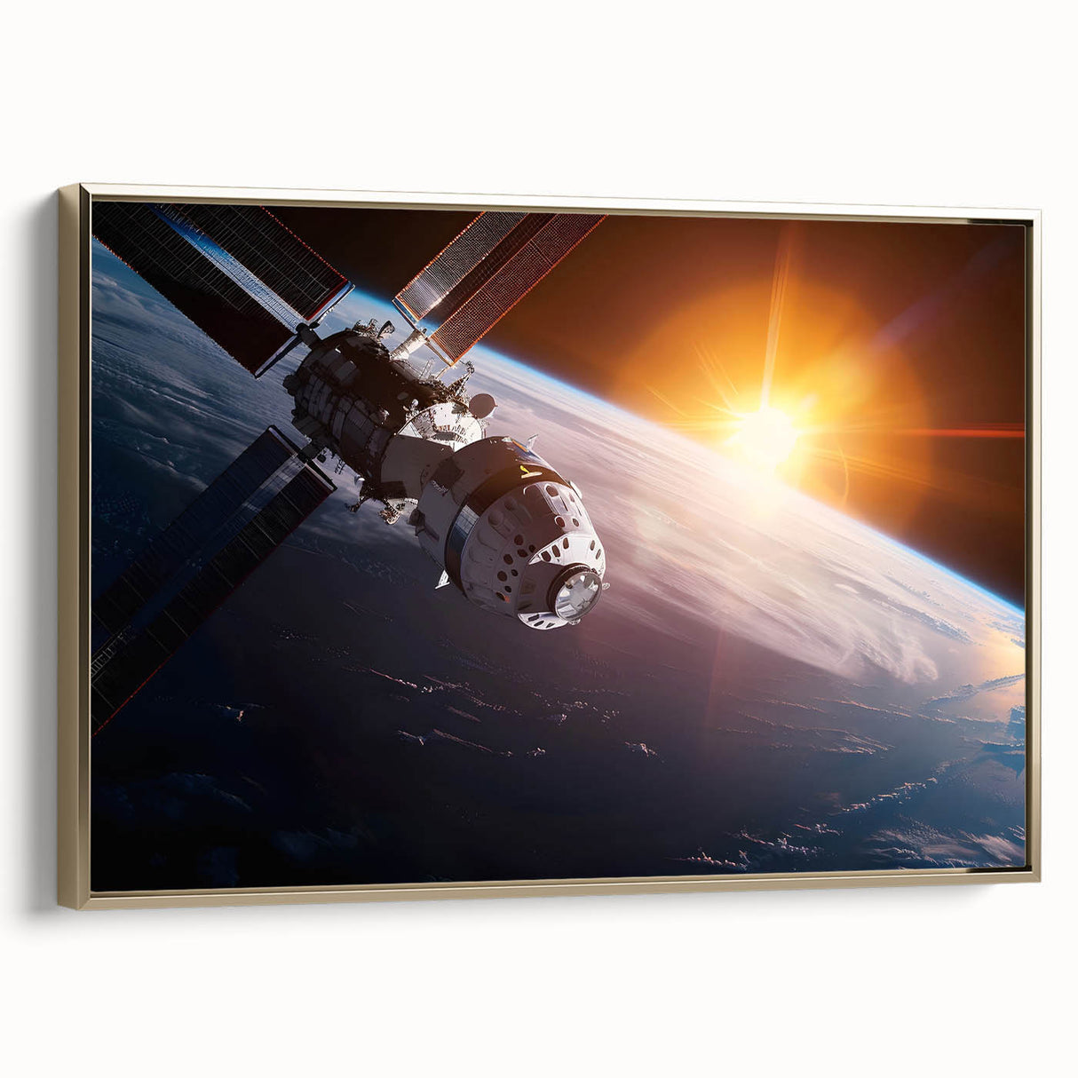 Satellite Over Earth with Sunrise - Stunning Cosmic Wall Art Decor