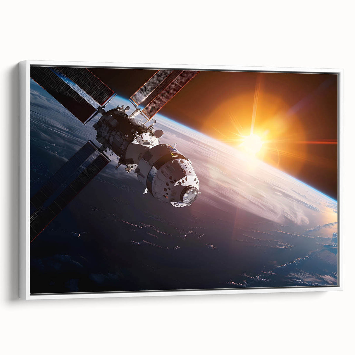 Satellite Over Earth with Sunrise - Stunning Cosmic Wall Art Decor