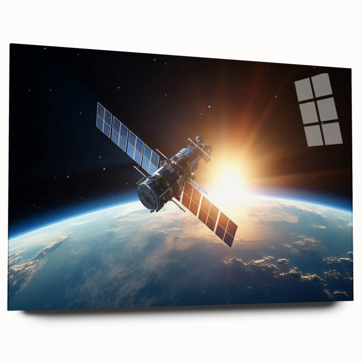 Satellite at Sunrise Over Earth - Cosmic Wall Art for Space Lovers