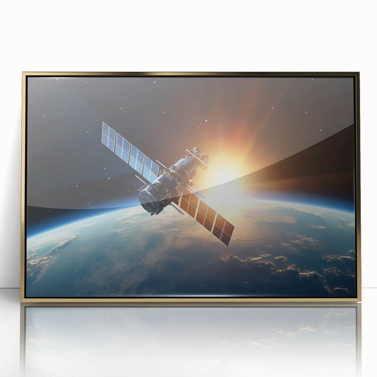 Satellite at Sunrise Over Earth - Cosmic Wall Art for Space Lovers