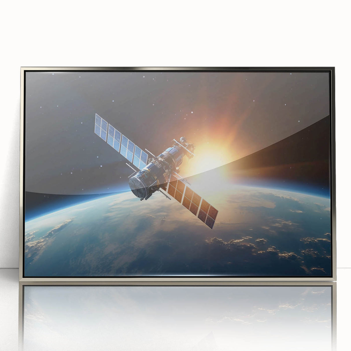 Satellite at Sunrise Over Earth - Cosmic Wall Art for Space Lovers