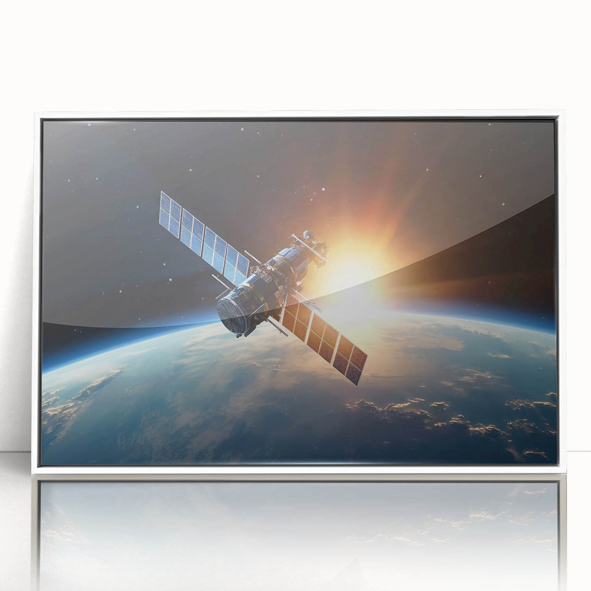 Satellite at Sunrise Over Earth - Cosmic Wall Art for Space Lovers
