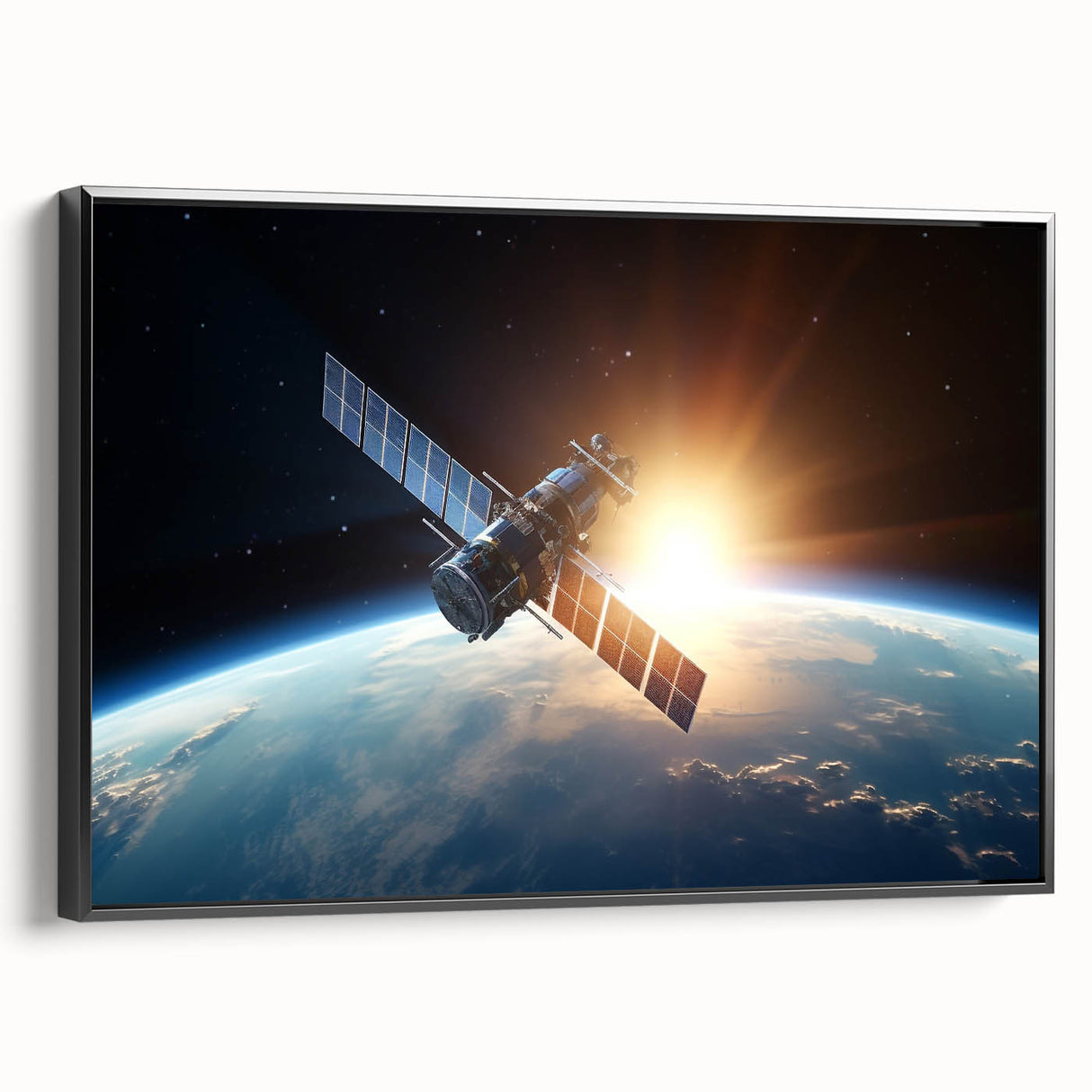 Satellite at Sunrise Over Earth - Cosmic Wall Art for Space Lovers