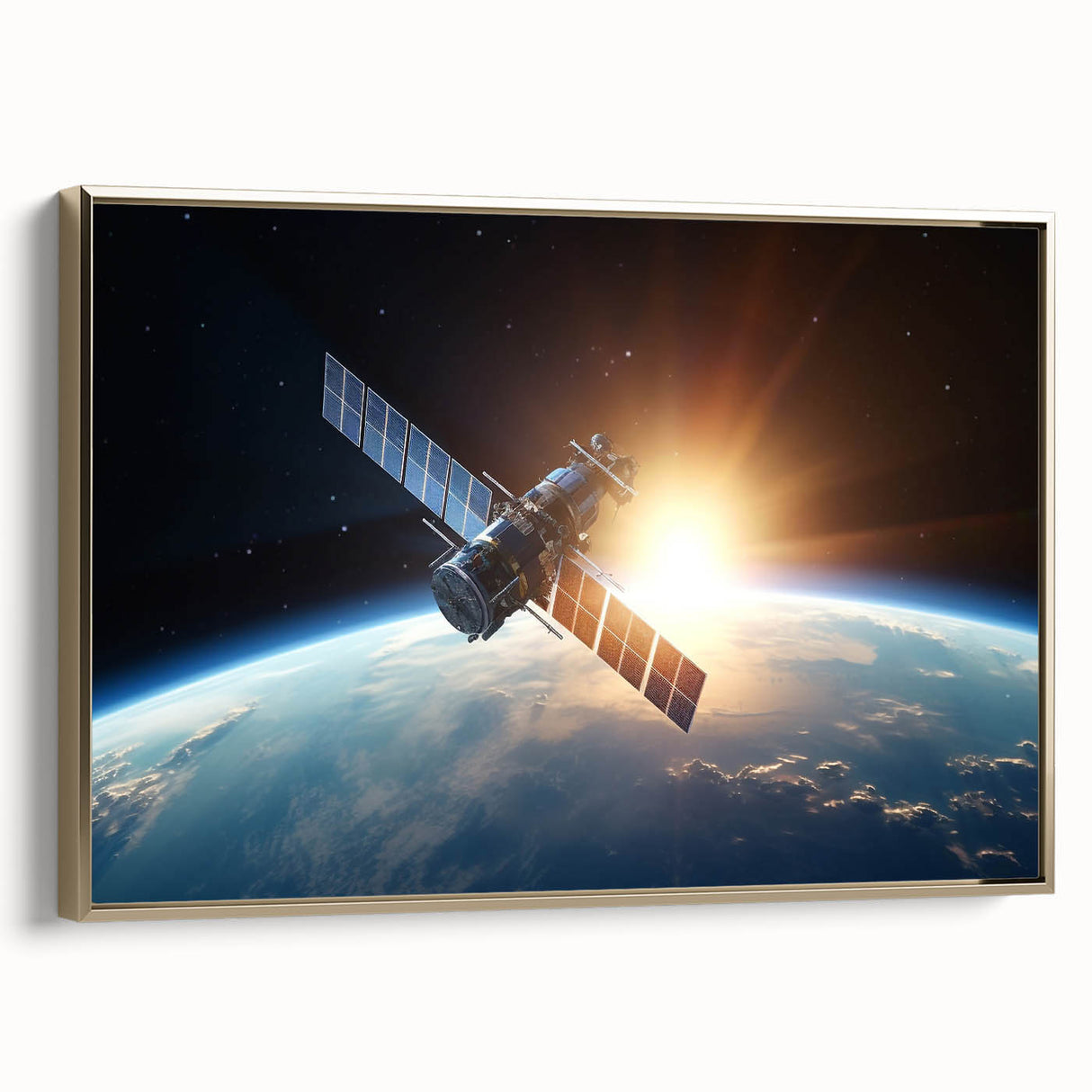 Satellite at Sunrise Over Earth - Cosmic Wall Art for Space Lovers