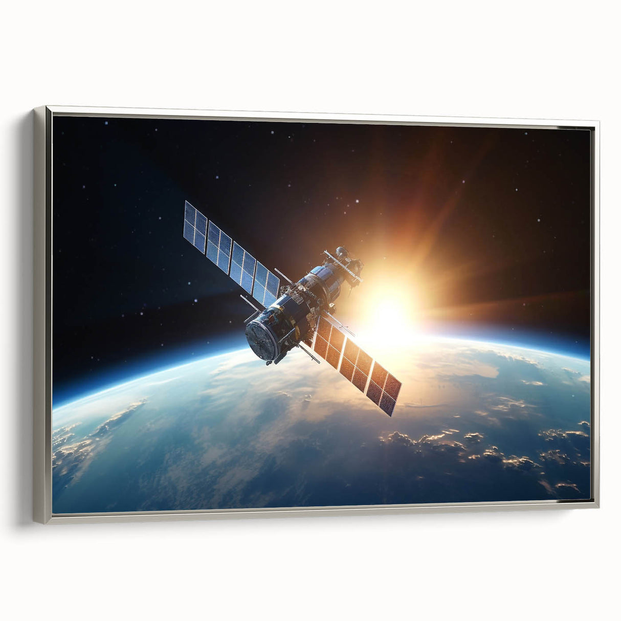 Satellite at Sunrise Over Earth - Cosmic Wall Art for Space Lovers