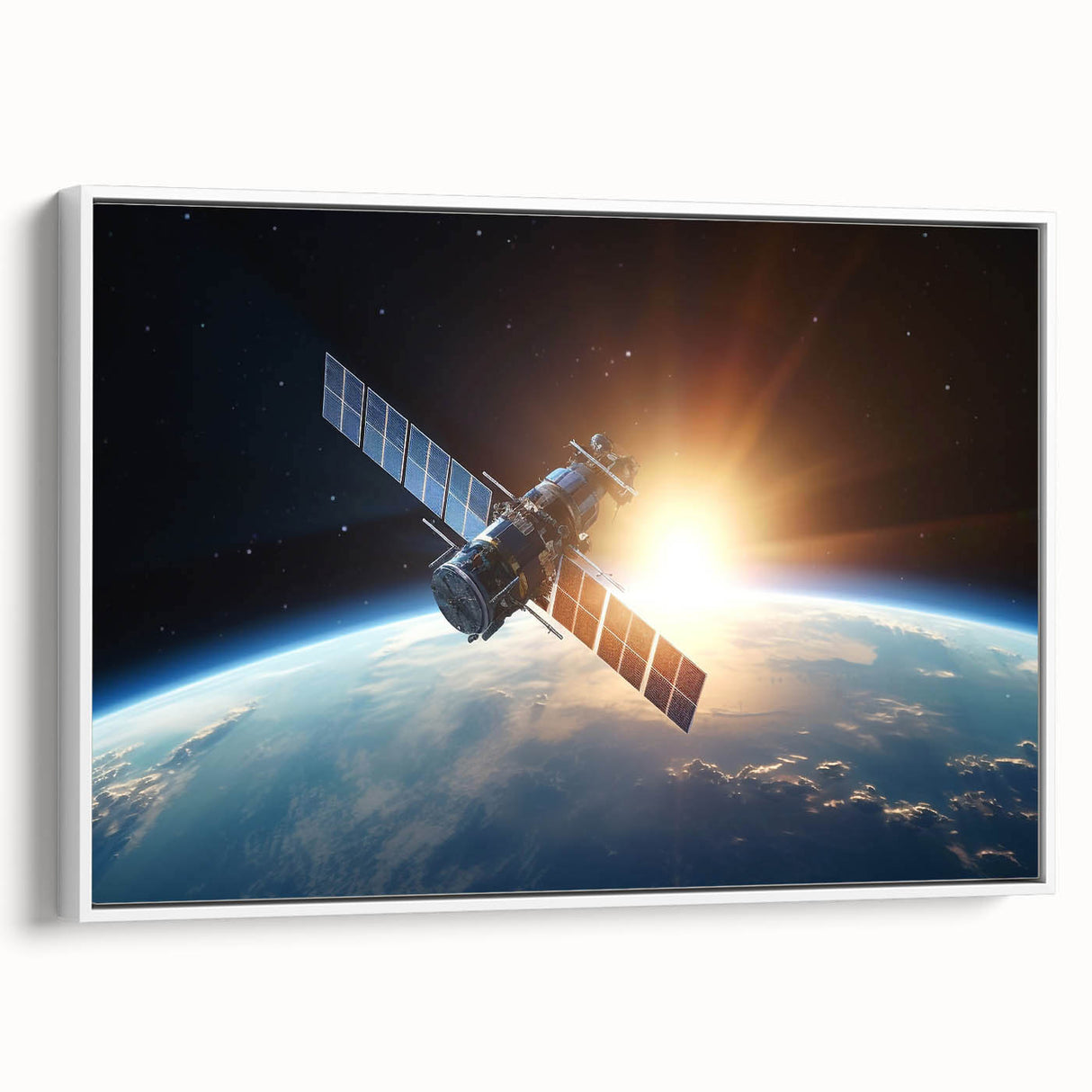 Satellite at Sunrise Over Earth - Cosmic Wall Art for Space Lovers