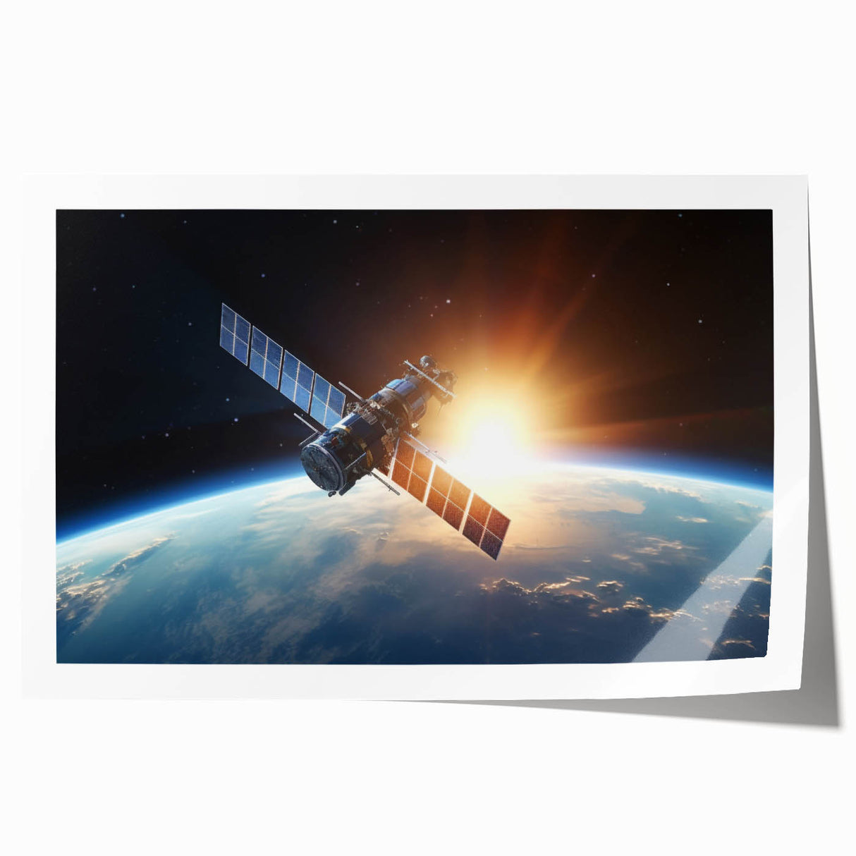 Satellite at Sunrise Over Earth - Cosmic Wall Art for Space Lovers