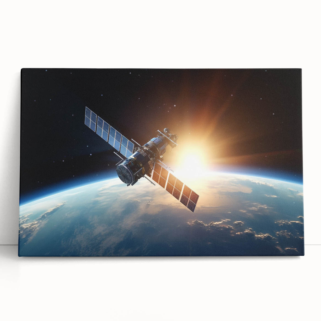 Satellite at Sunrise Over Earth - Cosmic Wall Art for Space Lovers