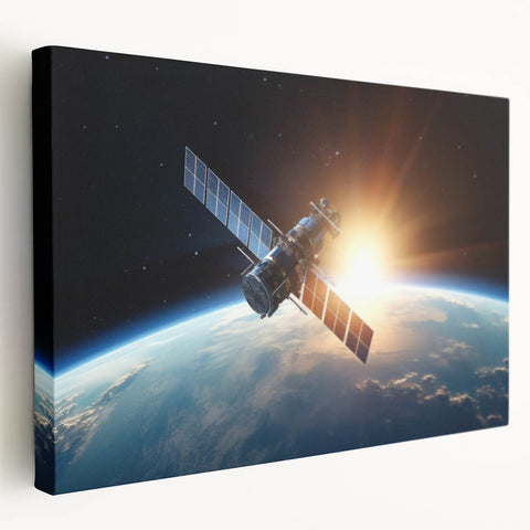 Satellite at Sunrise Over Earth - Cosmic Wall Art for Space Lovers