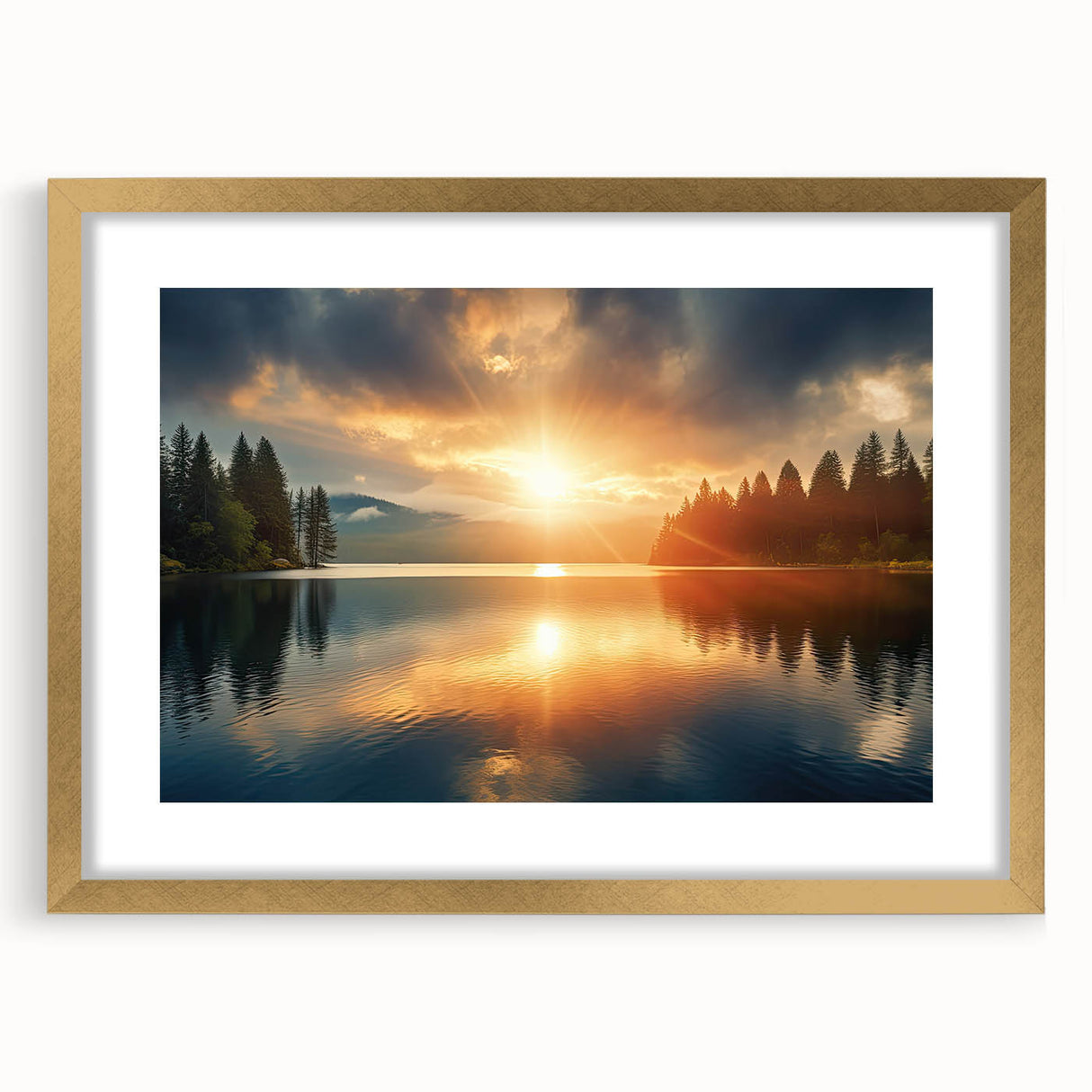 Serene Sunset Over Lake – Peaceful Sun Wall Art with Forest Reflections