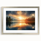 Serene Sunset Over Lake – Peaceful Sun Wall Art with Forest Reflections
