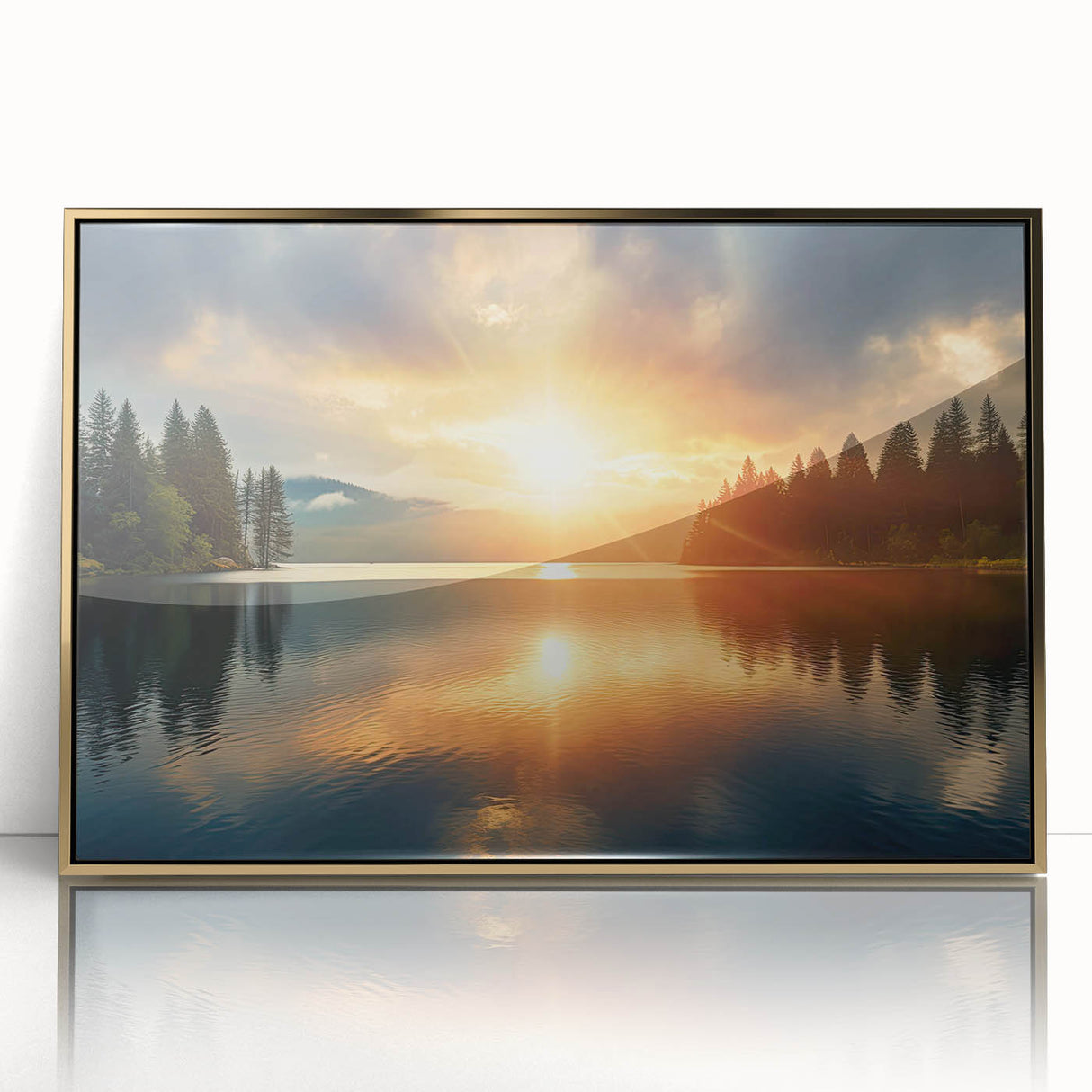 Serene Sunset Over Lake – Peaceful Sun Wall Art with Forest Reflections