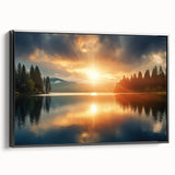 Serene Sunset Over Lake – Peaceful Sun Wall Art with Forest Reflections