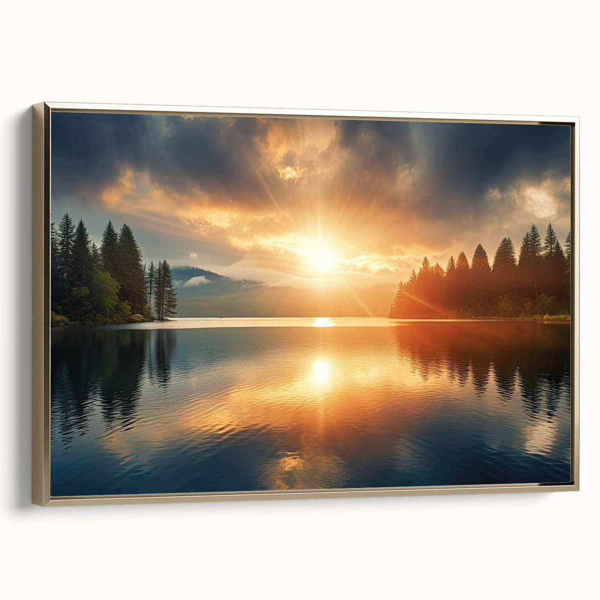 Serene Sunset Over Lake – Peaceful Sun Wall Art with Forest Reflections