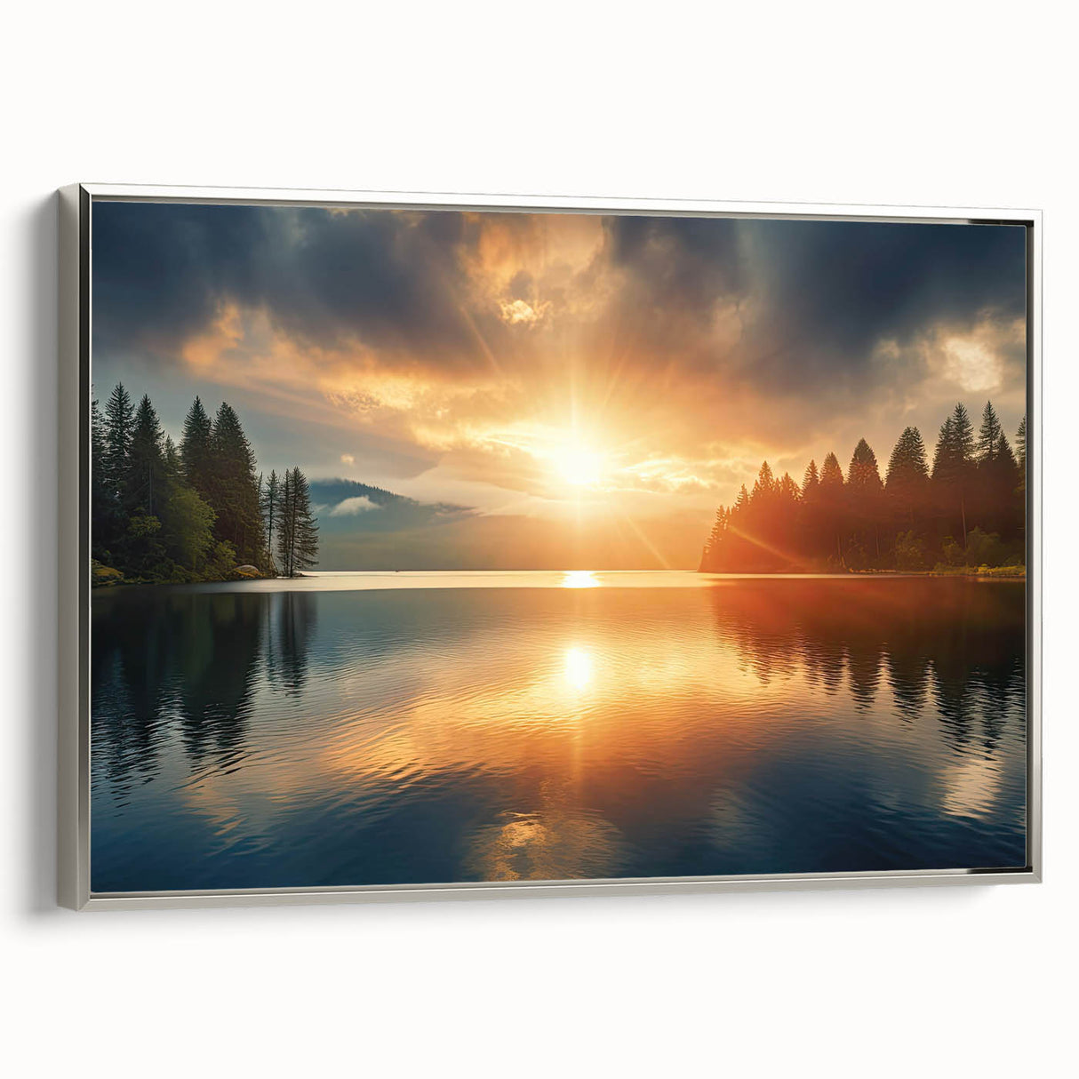 Serene Sunset Over Lake – Peaceful Sun Wall Art with Forest Reflections