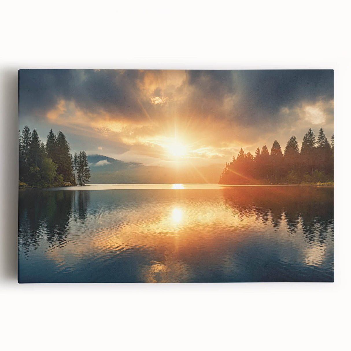 Serene Sunset Over Lake – Peaceful Sun Wall Art with Forest Reflections