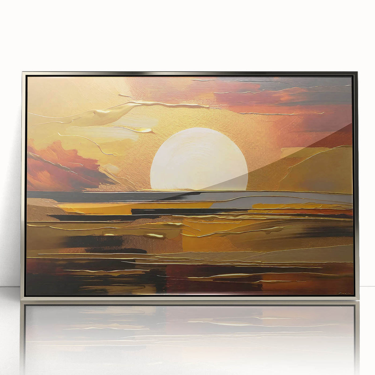 Abstract White Sun Over Golden Horizon – Modern Sun Wall Art