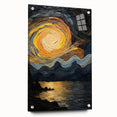 Abstract Swirling Sun Over Lake – Dynamic Sun Wall Art in Gold and Navy