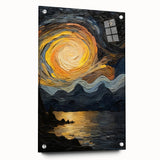 Abstract Swirling Sun Over Lake – Dynamic Sun Wall Art in Gold and Navy