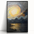 Abstract Swirling Sun Over Lake – Dynamic Sun Wall Art in Gold and Navy