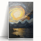Abstract Swirling Sun Over Lake – Dynamic Sun Wall Art in Gold and Navy