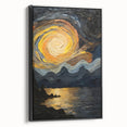 Abstract Swirling Sun Over Lake – Dynamic Sun Wall Art in Gold and Navy