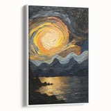 Abstract Swirling Sun Over Lake – Dynamic Sun Wall Art in Gold and Navy