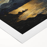 Abstract Swirling Sun Over Lake – Dynamic Sun Wall Art in Gold and Navy