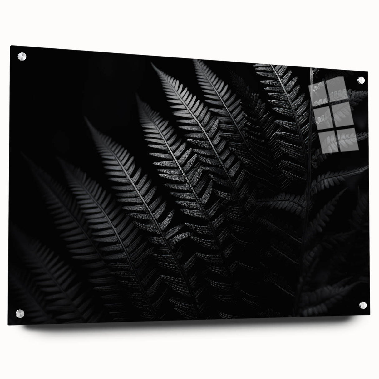 Acrylic glass display panel showcasing a modern side view with decorative pins, featuring a sleek, transparent design ideal for contemporary art presentations.