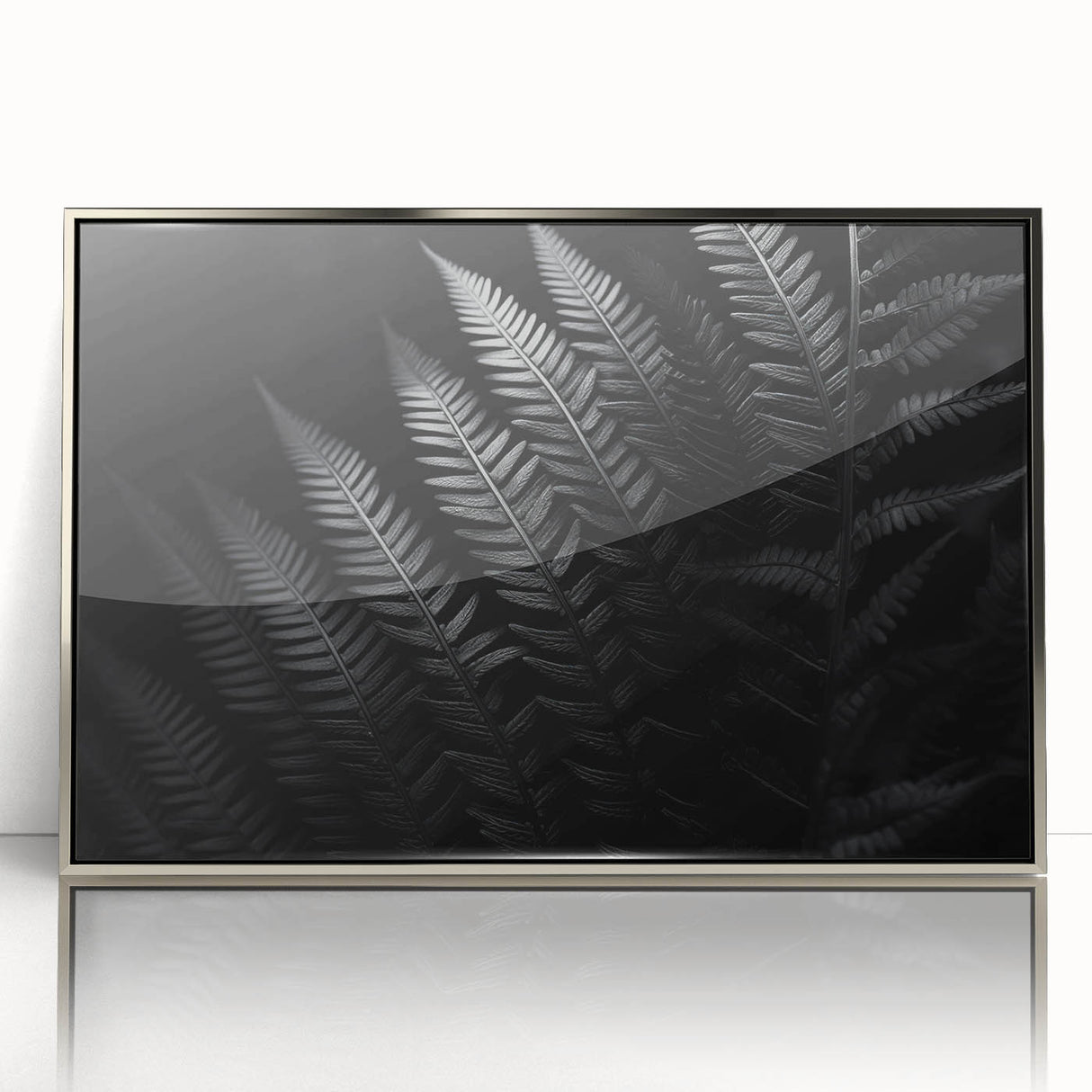 Framed acrylic artwork showcasing a sleek silver design, ideal for modern home decor. The front view highlights its glossy finish and contemporary style, perfect for enhancing any room's aesthetic.