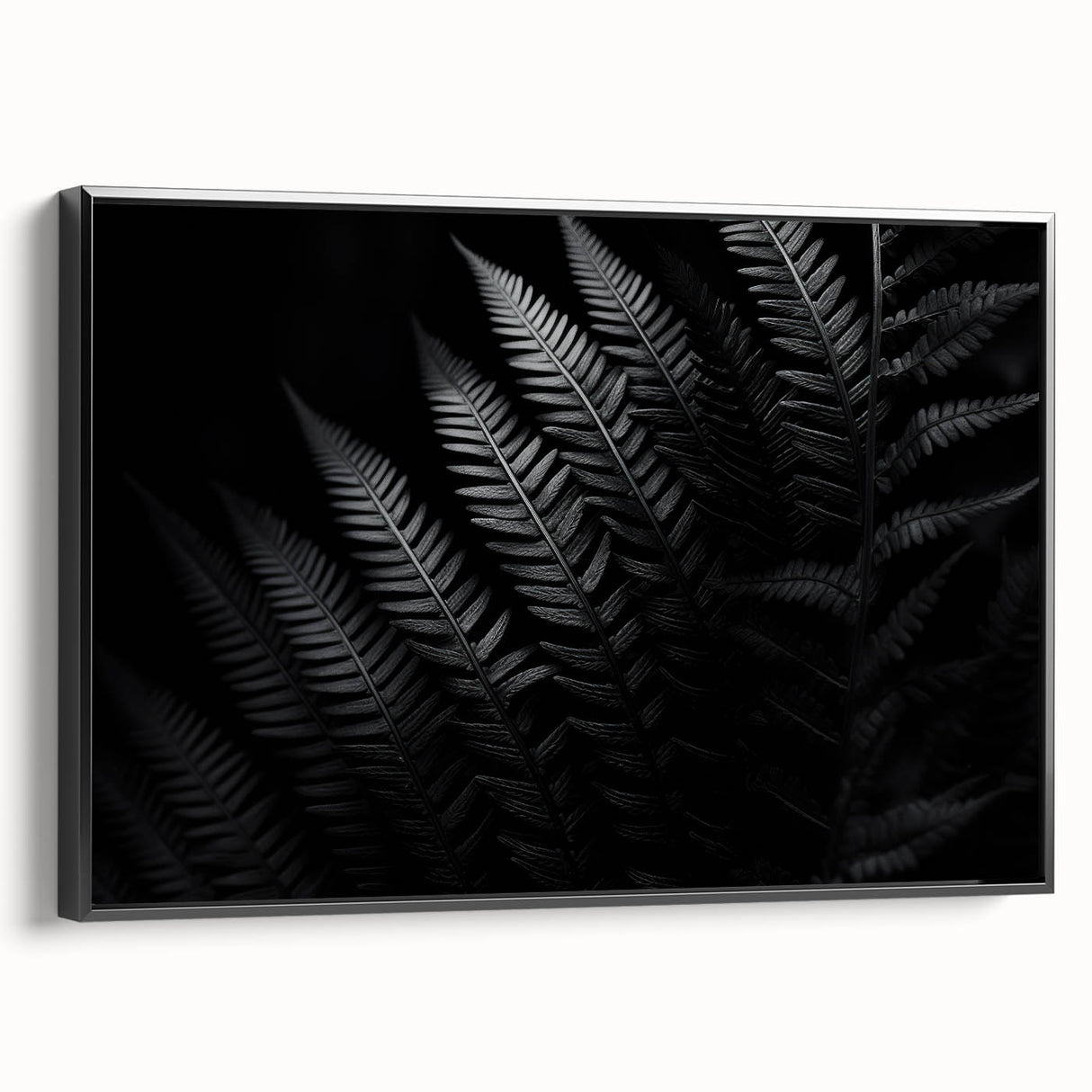 Black-framed canvas wall art showcasing a vibrant abstract design, angled to highlight its depth and texture, perfect for modern home decor accents.