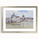 Textured art print of an abstract river landscape in muted blue and green tones, framed in silver.