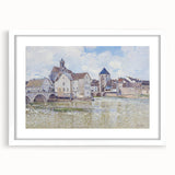 Abstract art print of a river scene in soft blue and green tones on a framed white mat, ideal for dining room decor.