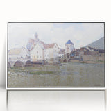 Acrylic print of Alfred Sisley's impressionist landscape in muted colors, framed in white.