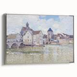 Landscape art painting of a serene river scene by Alfred Sisley, featuring muted greens and blues on a framed canvas.
