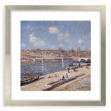 Textured art print of abstract brush strokes in cool gray and blue tones, framed in silver, suitable for bedroom decor.