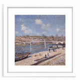 Abstract art print of a serene landscape in pastel shades on a white framed canvas, ideal for bedroom or dining room decor.