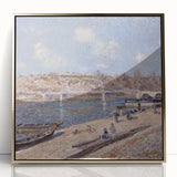Large art print of an Alfred Sisley landscape in muted green and blue tones, framed in gold acrylic.