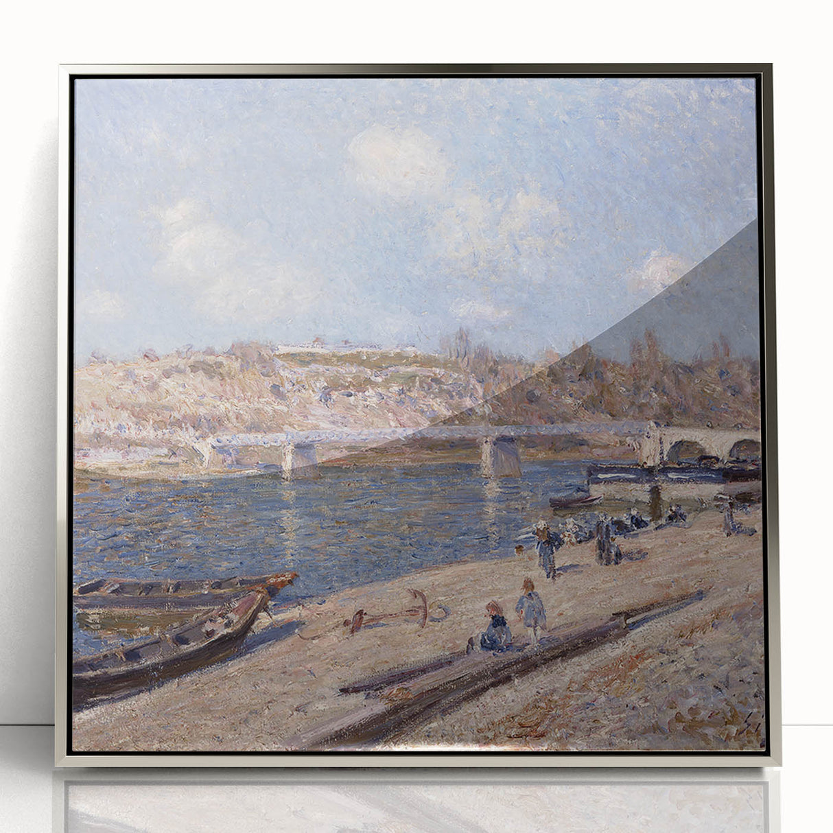 Mid-century modernist art depicting a serene river landscape in muted earth tones on a framed acrylic print.