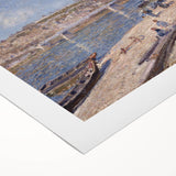 Art deco poster featuring a serene river landscape in soft blues and greens on a rolled canvas.