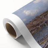 Art deco poster of a tranquil river scene in soft blue and green tones on rolled canvas, ideal for nursery wall art.