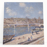 Black and white print of Alfred Sisley's landscape on stretched canvas, ideal for kitchen wall art.