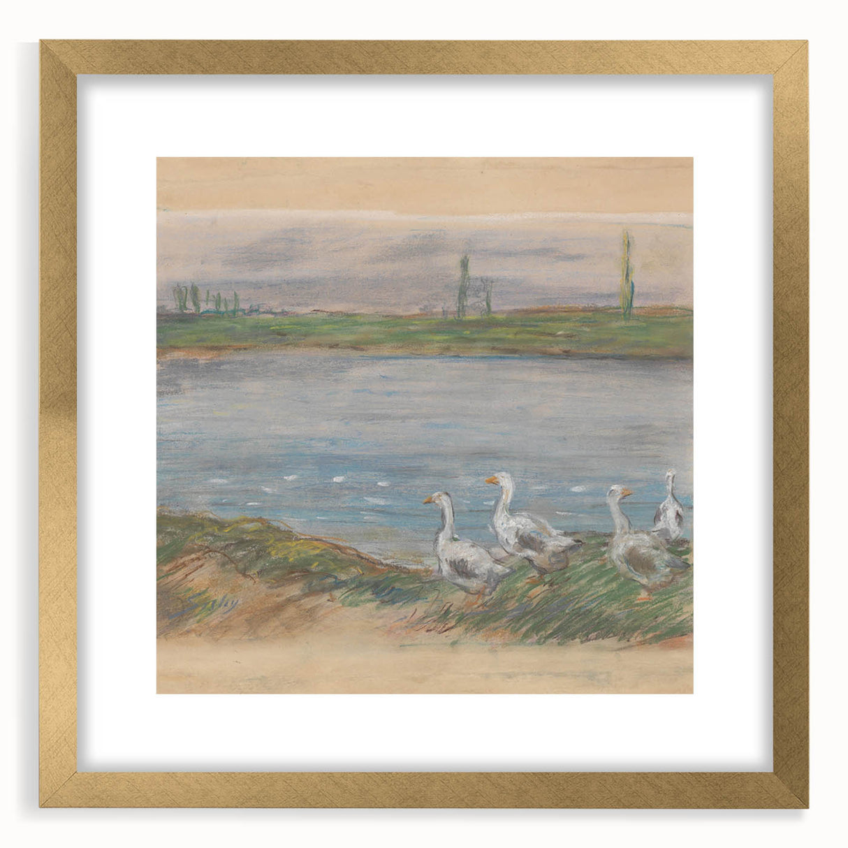 Extra large abstract art print featuring textured brush strokes in soft earth tones on a gold-framed canvas.
