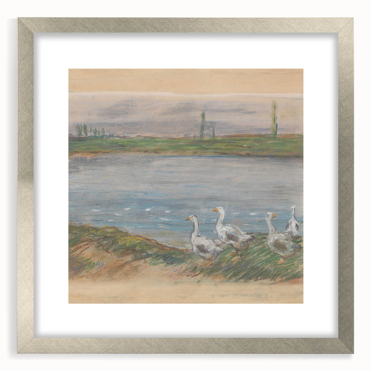Textured art print by Alfred Sisley with abstract touches, presented in a silver frame, suitable for bedroom decor.