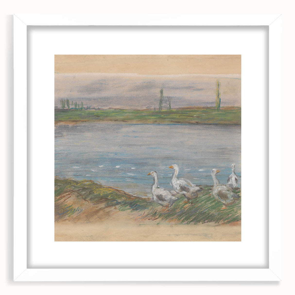 Abstract art print of a serene landscape in muted greens and blues, framed in white.