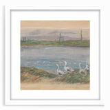 Abstract art print of a serene landscape in muted greens and blues, framed in white.