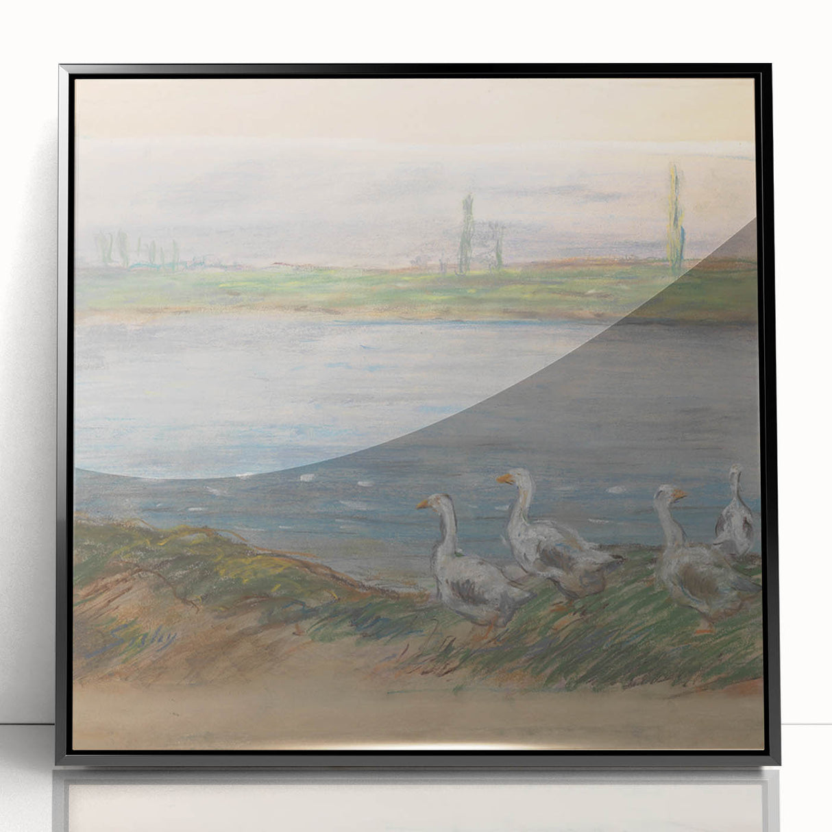 Large abstract wall art depicting a mid-century modernist scene in muted earth tones, framed in black acrylic.