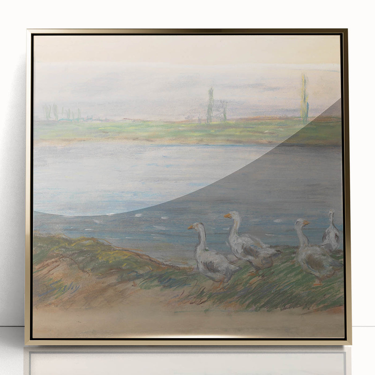 Mid-century modernist acrylic print of Alfred Sisley's landscape, featuring soft green and blue tones, framed in gold.