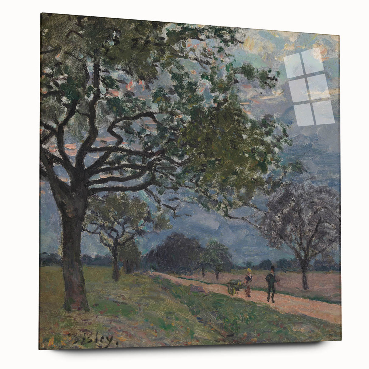 Side view of a large abstract acrylic glass print featuring Alfred Sisley's impressionist artwork.